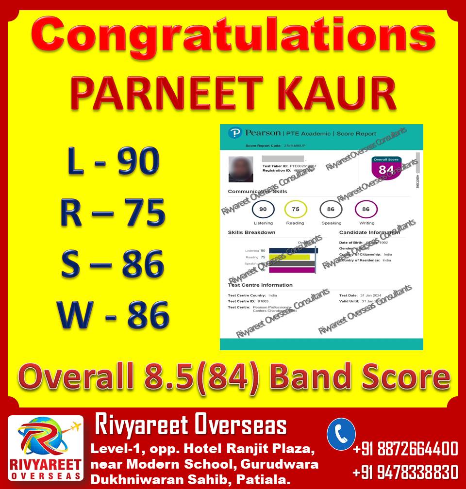 Parneet Kaur PTE Overall 84