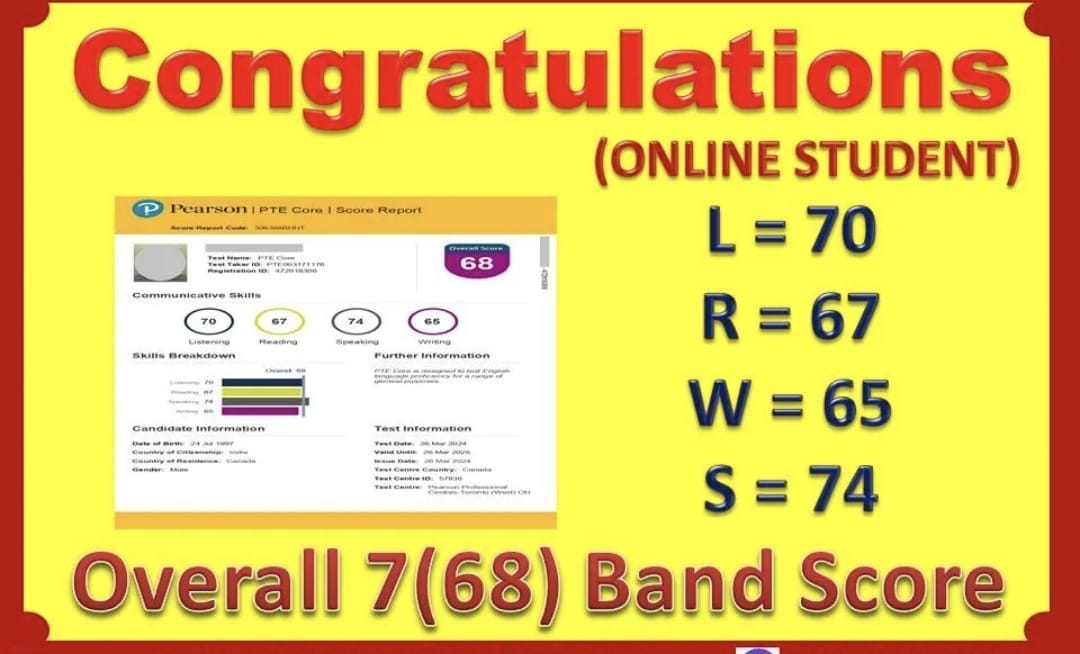 Online Student PTE Core Overall 68